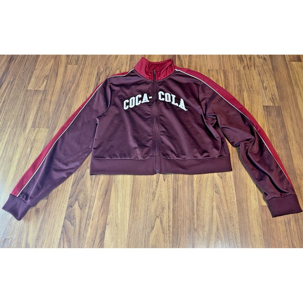 Coca-Cola Womens Cropped Track Jacket Burgundy Red Full Zip Sporty Logo Large